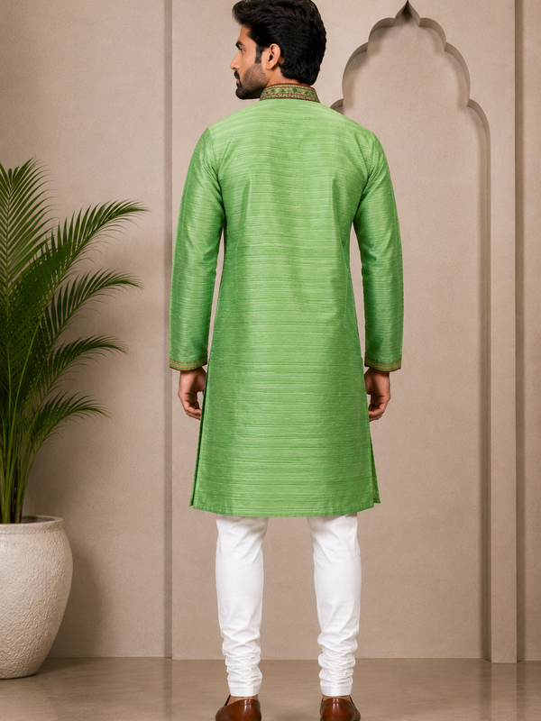 DESI BUTIK Men’s Green Embroidered Kurta with White Churidar Pant