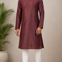 DESI BUTIK Men’s Maroon Embroidered Straight Kurta with White Churidar