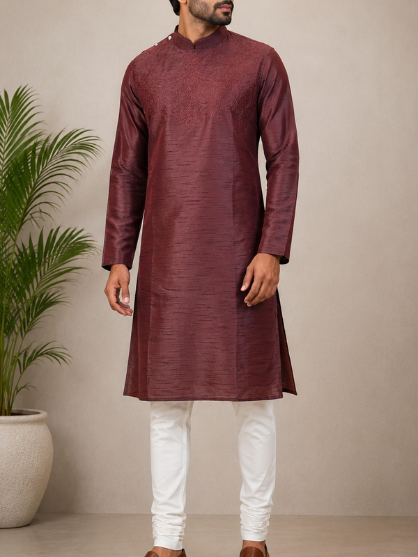 DESI BUTIK Men’s Maroon Embroidered Straight Kurta with White Churidar