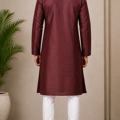 DESI BUTIK Men’s Maroon Embroidered Straight Kurta with White Churidar