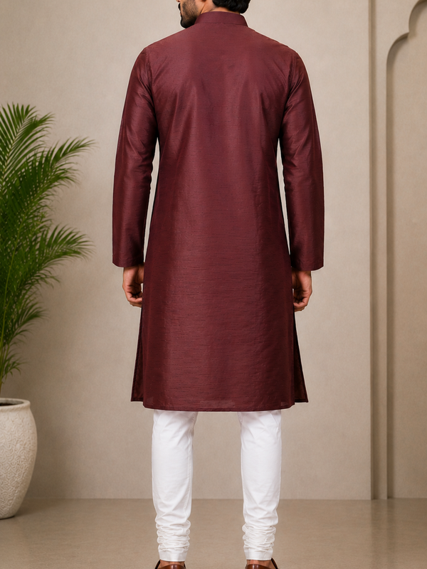 DESI BUTIK Men’s Maroon Embroidered Straight Kurta with White Churidar
