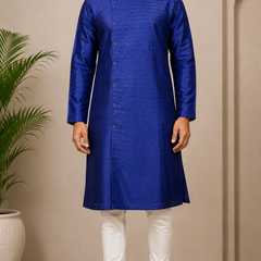 DESI BUTIK Men’s Royal Blue Woven Straight Kurta with White Churidar