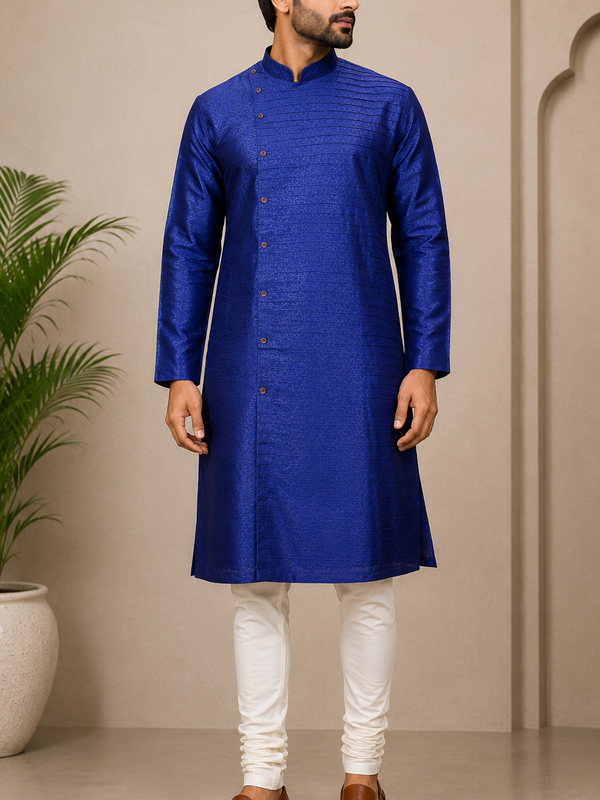 DESI BUTIK Men’s Royal Blue Woven Straight Kurta with White Churidar
