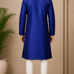 DESI BUTIK Men’s Royal Blue Woven Straight Kurta with White Churidar