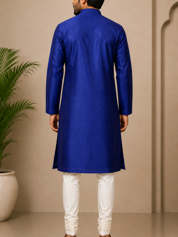 DESI BUTIK Men’s Royal Blue Woven Straight Kurta with White Churidar