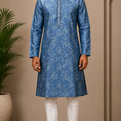 DESI BUTIK Men’s Sky Blue Floral Self-Design Kurta with White Churidar