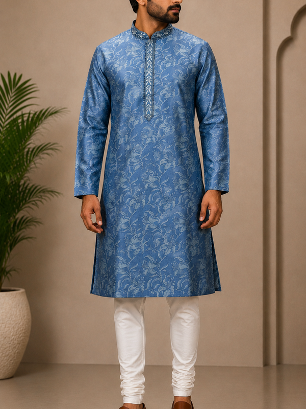 DESI BUTIK Men’s Sky Blue Floral Self-Design Kurta with White Churidar