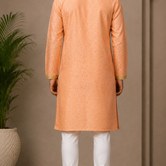 DESI BUTIK Men’s Peach Jacquard Kurta with White Churidar