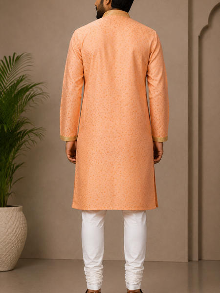 DESI BUTIK Men’s Peach Jacquard Kurta with White Churidar