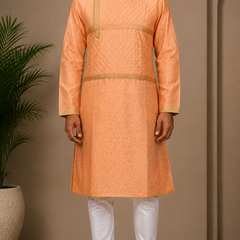 DESI BUTIK Men’s Peach Jacquard Kurta with White Churidar