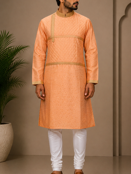 DESI BUTIK Men’s Peach Jacquard Kurta with White Churidar