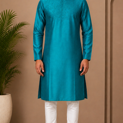 DESI BUTIK Men’s  Embroidered Straight Kurta with White Churidar