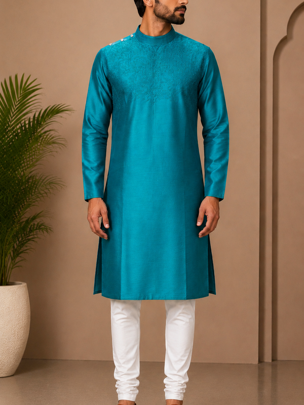 DESI BUTIK Men’s  Embroidered Straight Kurta with White Churidar