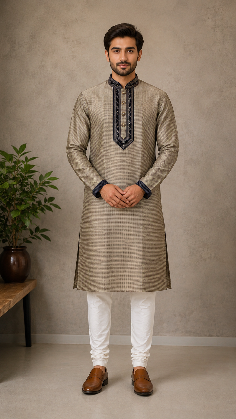 DESI BUTIK Men's Grey Embroidered Kurta with Churidar