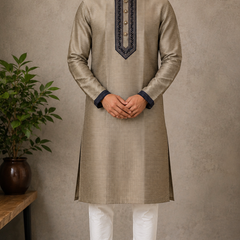 DESI BUTIK Men's Grey Embroidered Kurta with Churidar