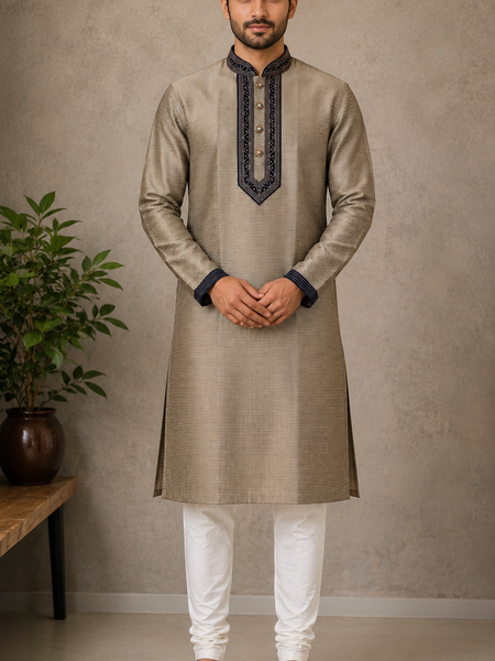 DESI BUTIK Men's Grey Embroidered Kurta with Churidar