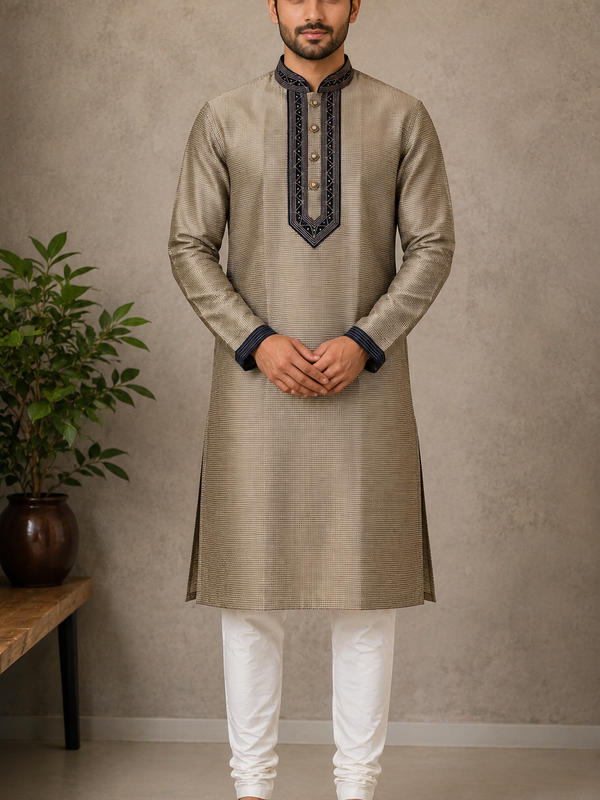 DESI BUTIK Men's Grey Embroidered Kurta with Churidar