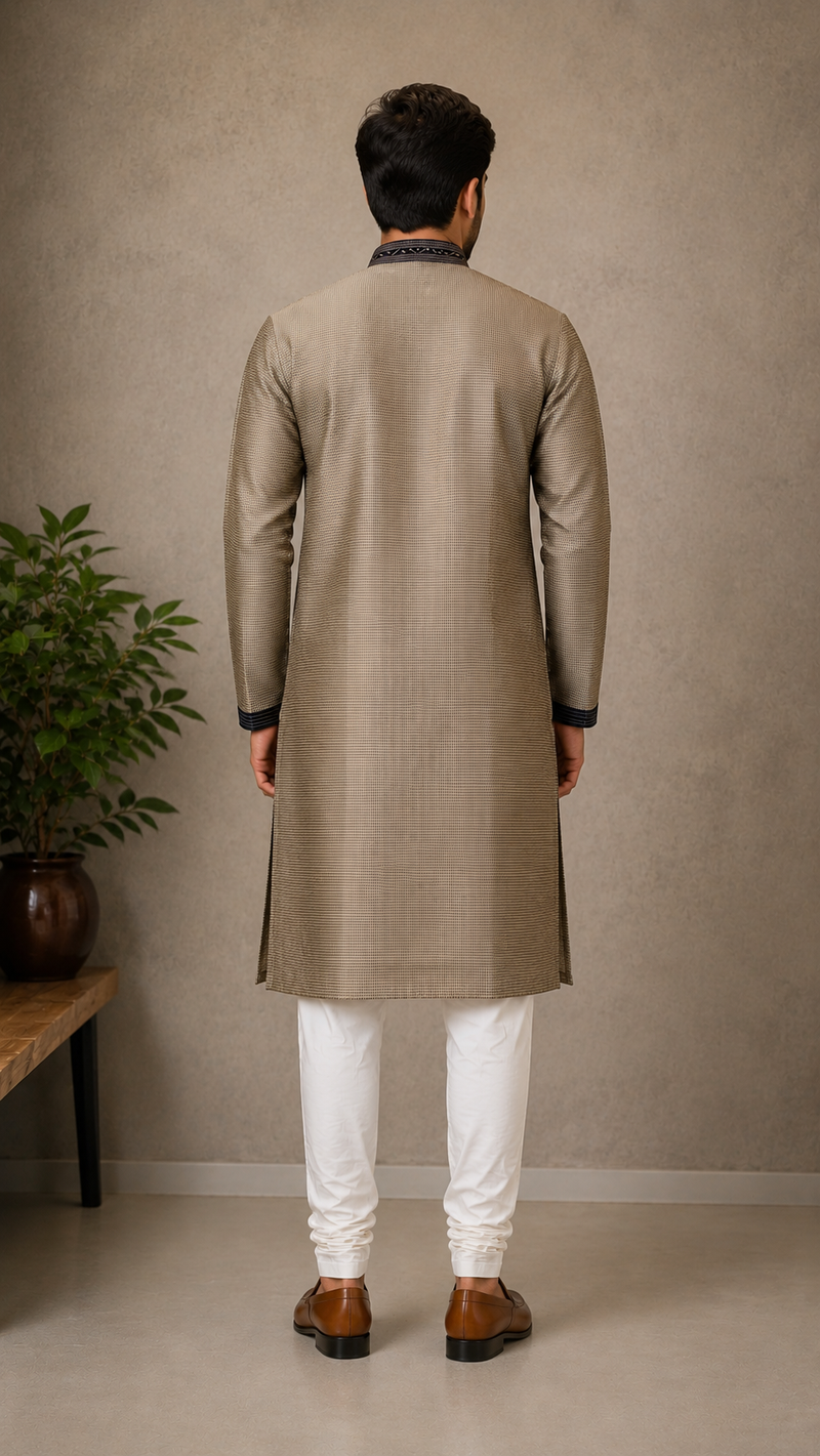 DESI BUTIK Men's Grey Embroidered Kurta with Churidar
