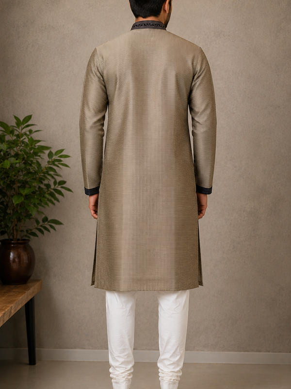 DESI BUTIK Men's Grey Embroidered Kurta with Churidar