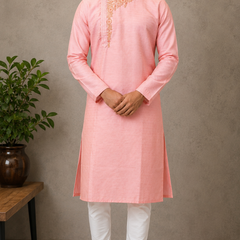 DESI BUTIK Men's Peach Embroidered Kurta with Churidar