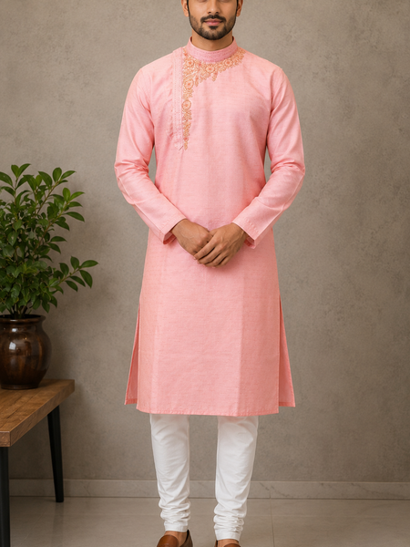 DESI BUTIK Men's Peach Embroidered Kurta with Churidar