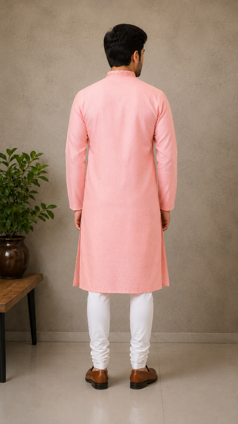 DESI BUTIK Men's Peach Embroidered Kurta with Churidar