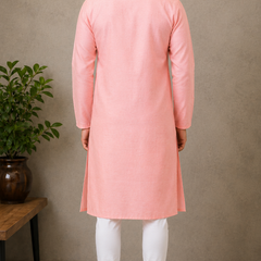DESI BUTIK Men's Peach Embroidered Kurta with Churidar