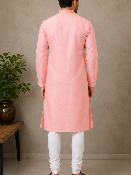 DESI BUTIK Men's Peach Embroidered Kurta with Churidar