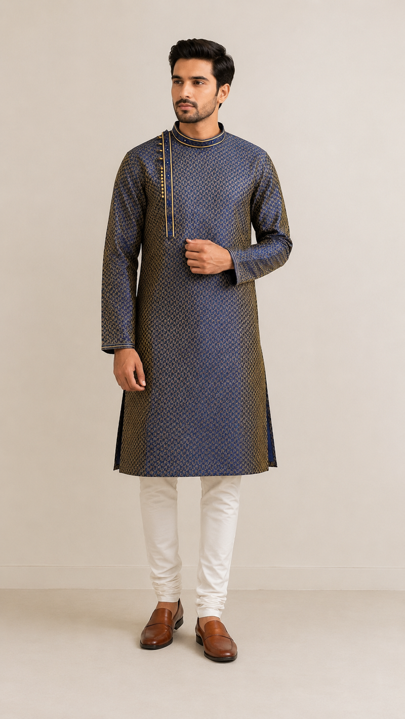 Men's Navy Blue Wedding Kurta Set with Churidar