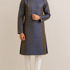 Men's Navy Blue Wedding Kurta Set with Churidar