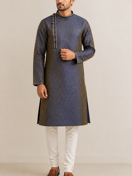 Men's Navy Blue Wedding Kurta Set with Churidar