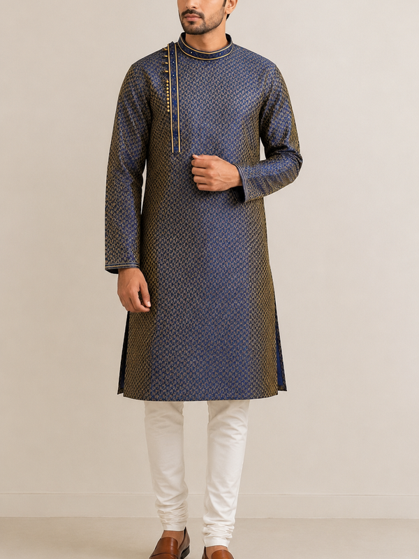 Men's Navy Blue Wedding Kurta Set with Churidar
