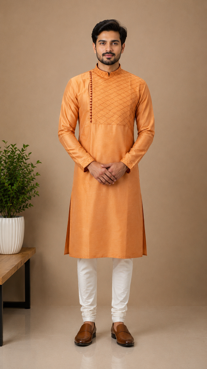 DESI BUTIK Men's Orange Embroidered Kurta Set