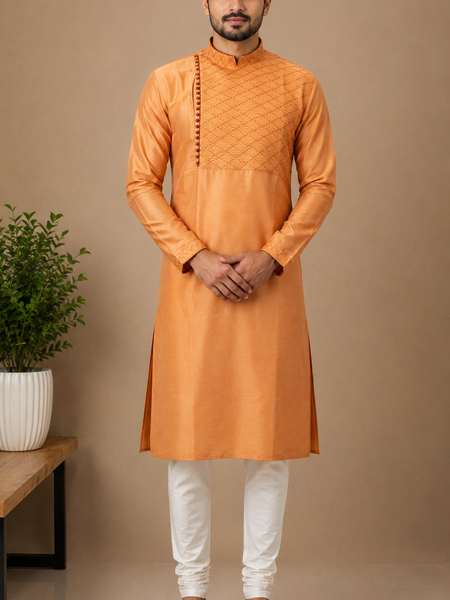 DESI BUTIK Men's Orange Embroidered Kurta Set