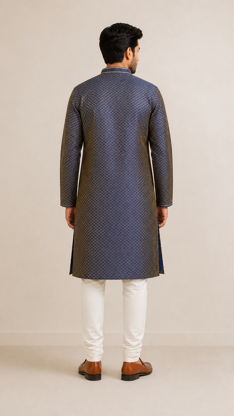 Men's Navy Blue Wedding Kurta Set with Churidar