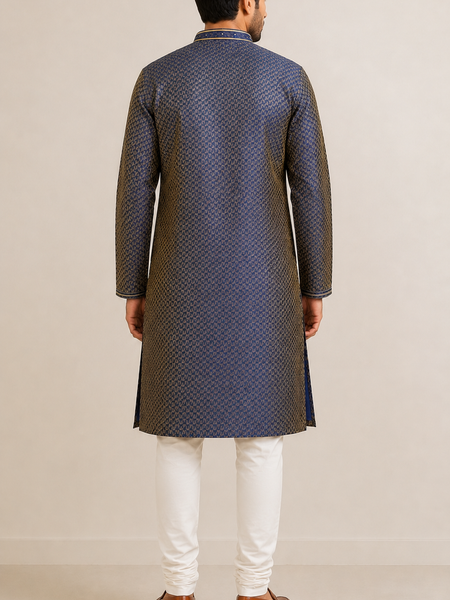 Men's Navy Blue Wedding Kurta Set with Churidar