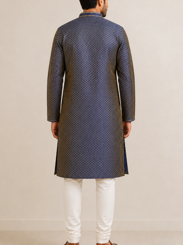 Men's Navy Blue Wedding Kurta Set with Churidar