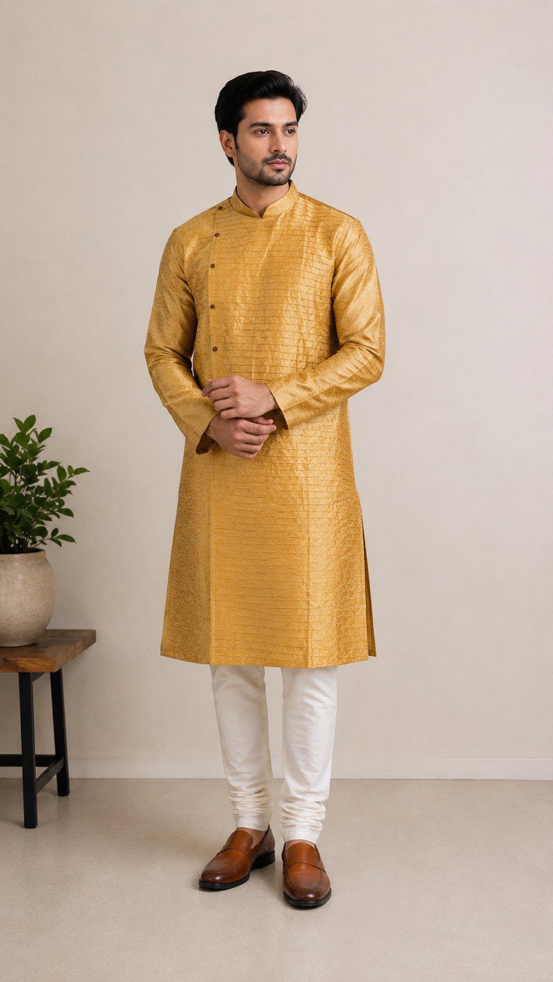 DESI BUTIK Men's Golden Jacquard Kurta Set
