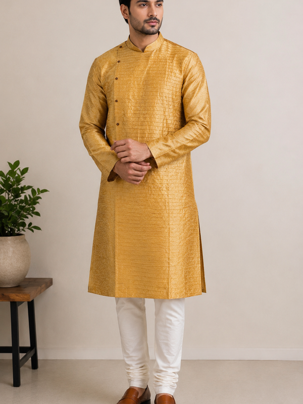 DESI BUTIK Men's Golden Jacquard Kurta Set