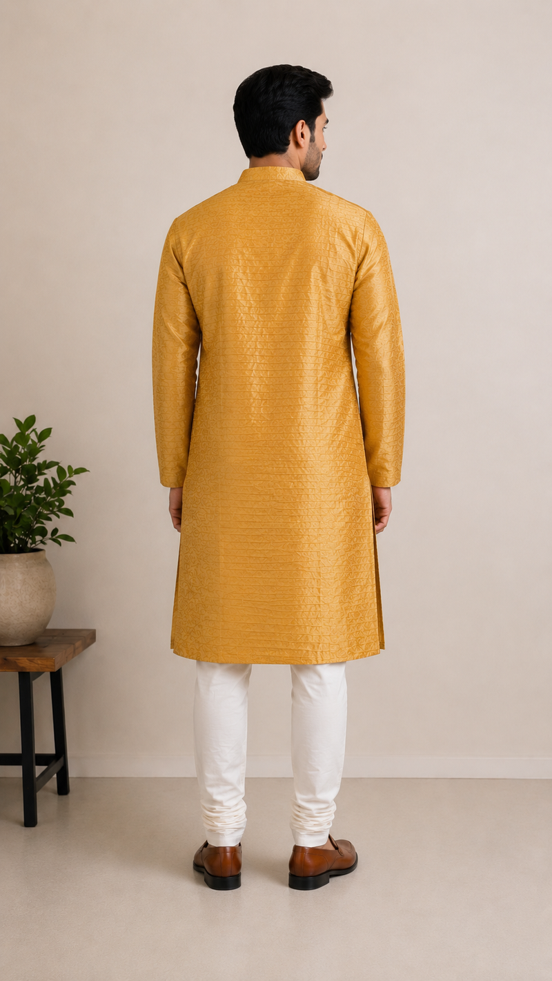 DESI BUTIK Men's Golden Jacquard Kurta Set