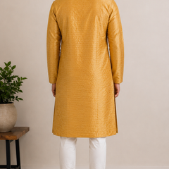 DESI BUTIK Men's Golden Jacquard Kurta Set