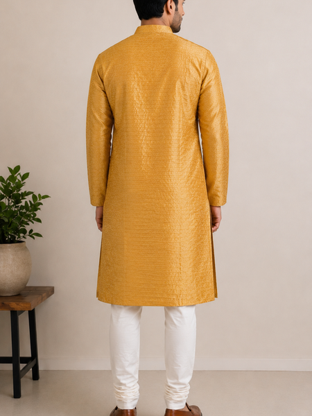 DESI BUTIK Men's Golden Jacquard Kurta Set