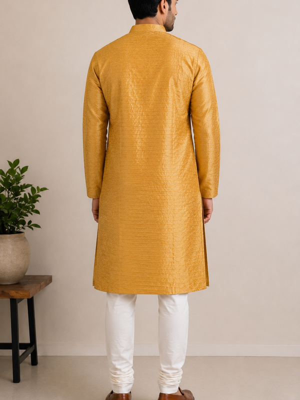DESI BUTIK Men's Golden Jacquard Kurta Set