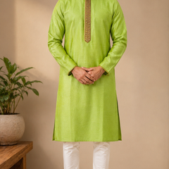 DESI BUTIK Men's Lime Green Embroidered Kurta Set