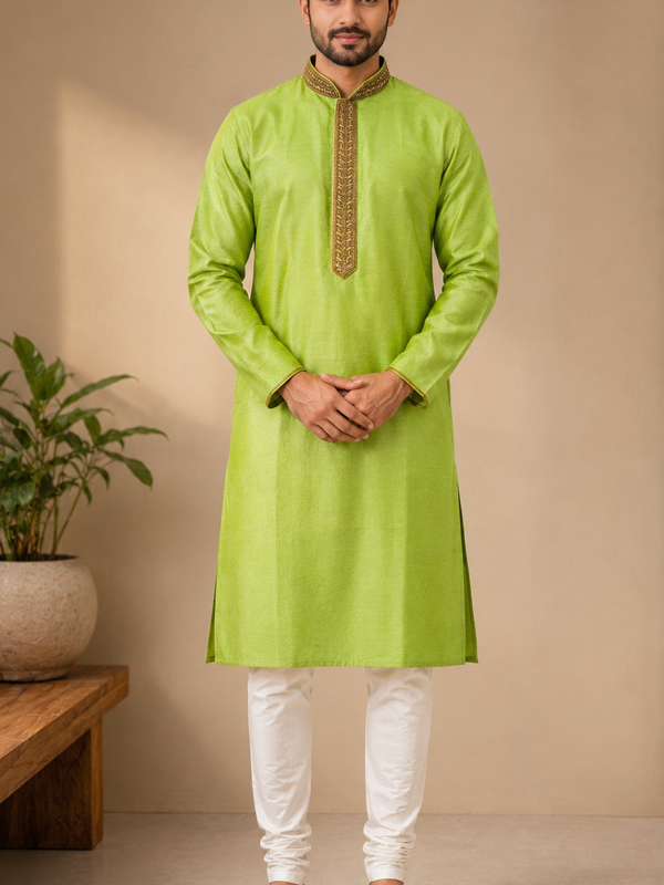 DESI BUTIK Men's Lime Green Embroidered Kurta Set