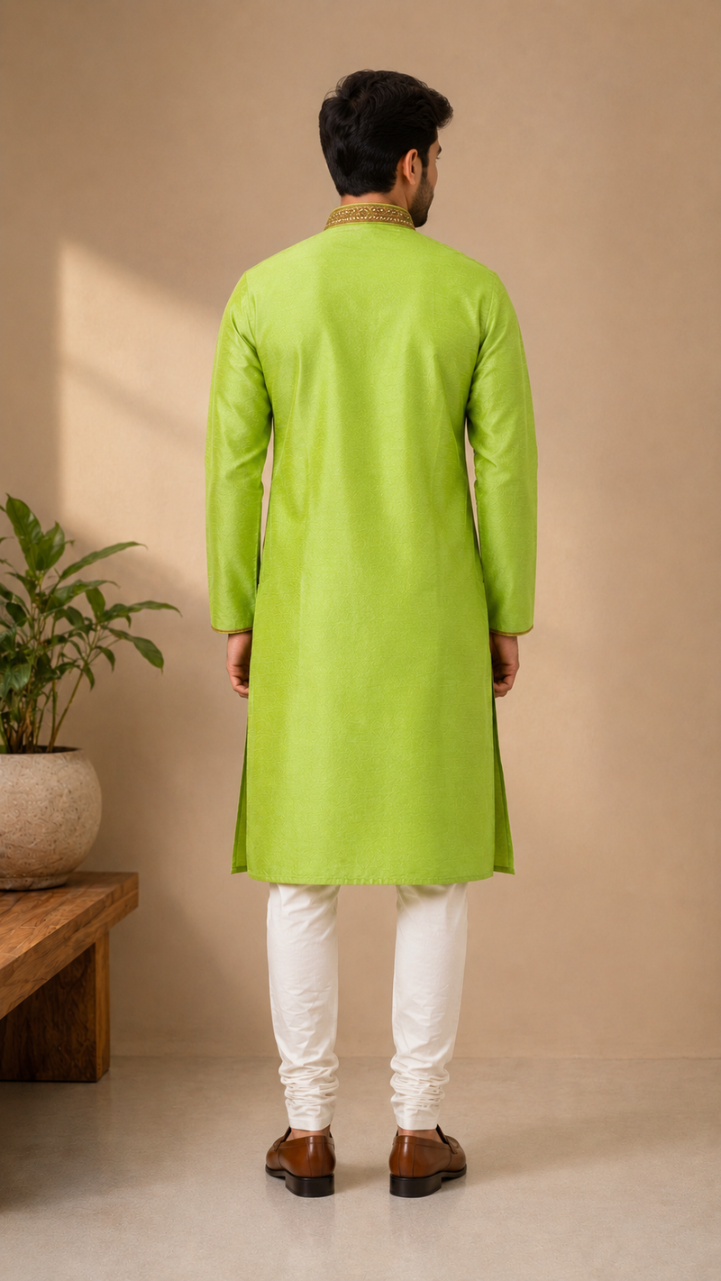 DESI BUTIK Men's Lime Green Embroidered Kurta Set