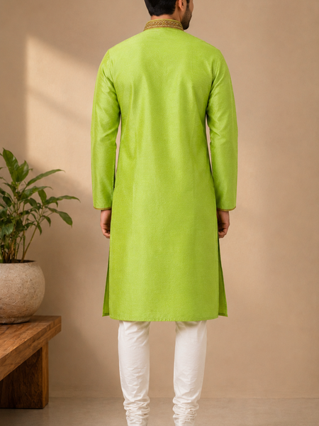 DESI BUTIK Men's Lime Green Embroidered Kurta Set