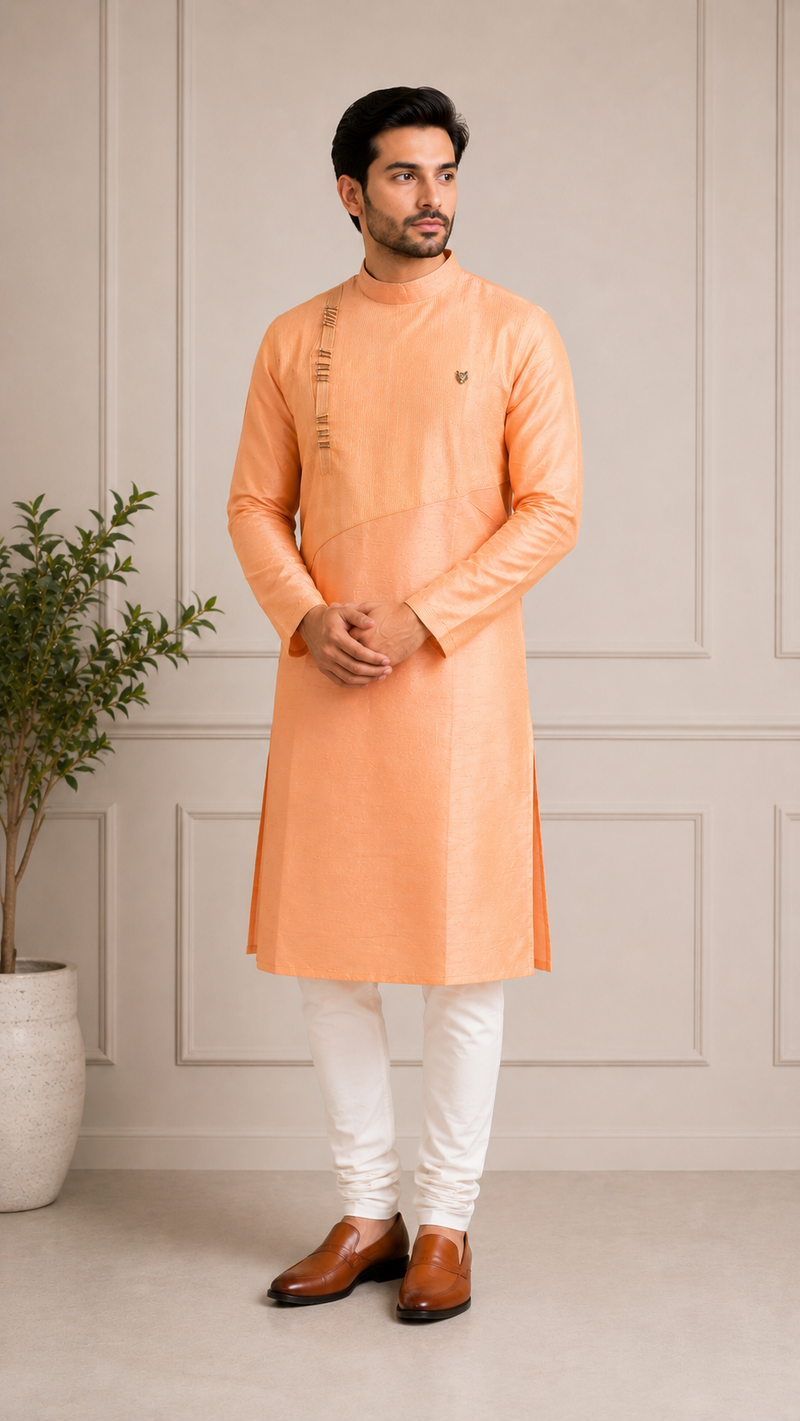 DESI BUTIK Men's Peach Textured Kurta Set