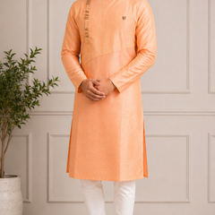 DESI BUTIK Men's Peach Textured Kurta Set