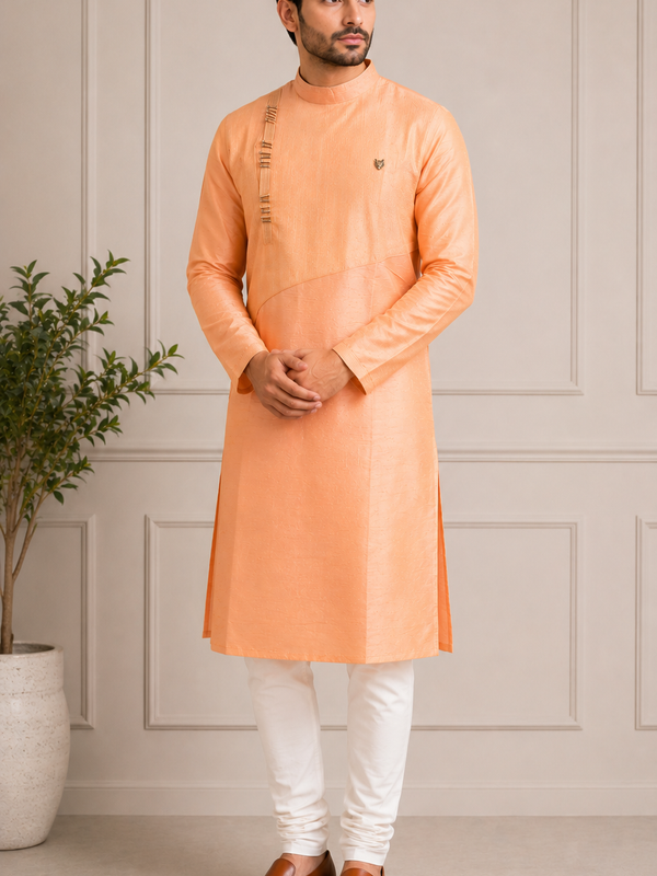 DESI BUTIK Men's Peach Textured Kurta Set